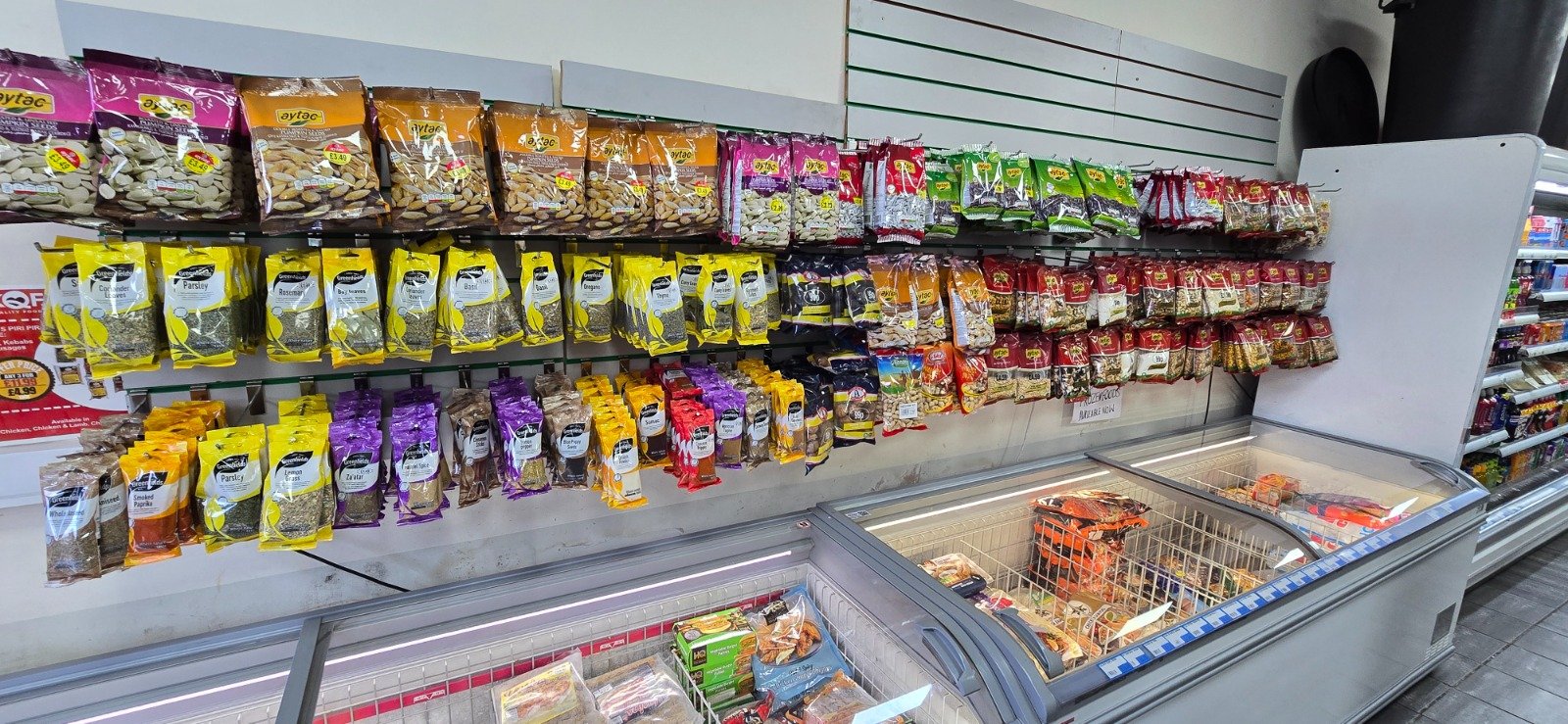 Packaged herbs and spices on the store shelf
